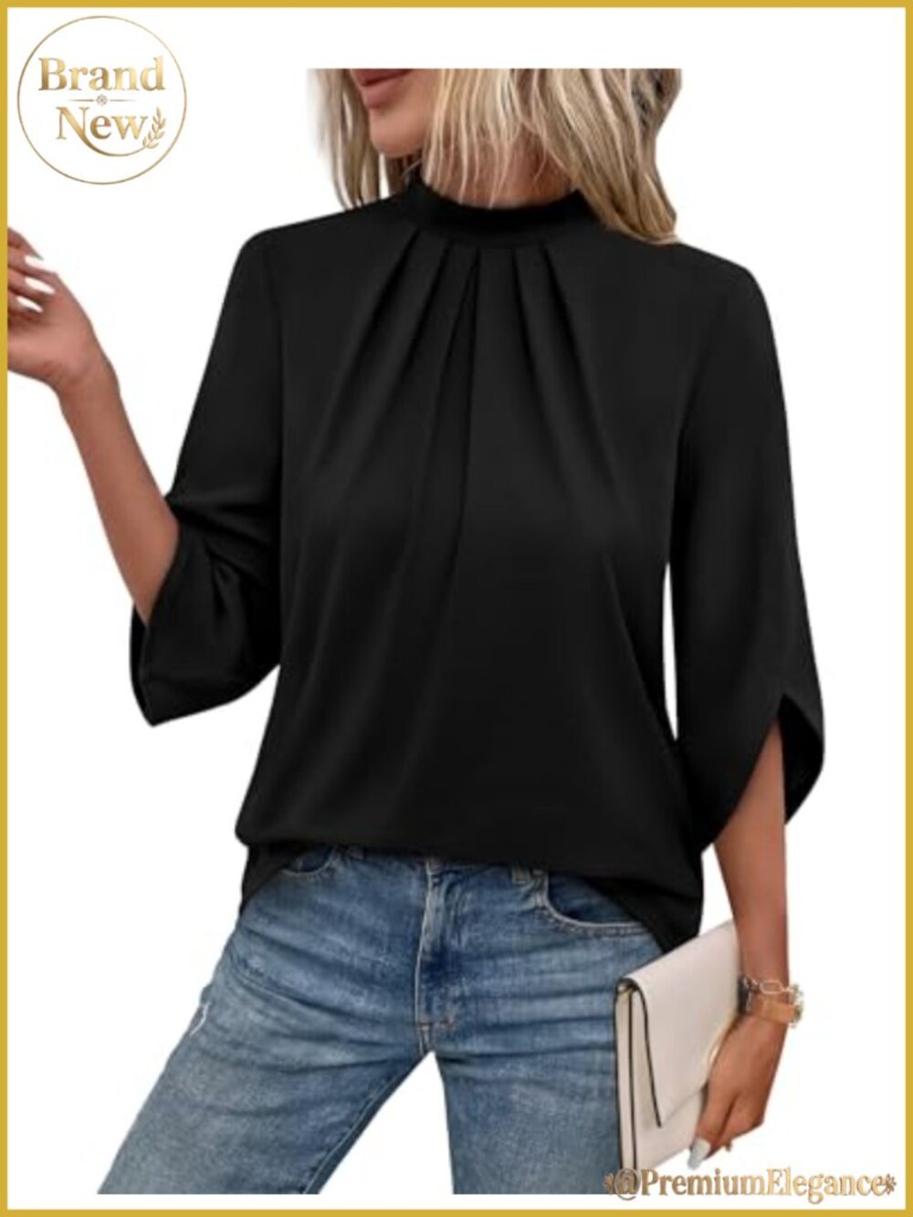 Womens Mock Neck Pleated Blouse 3/4 Sleeve Dressy Casual Top